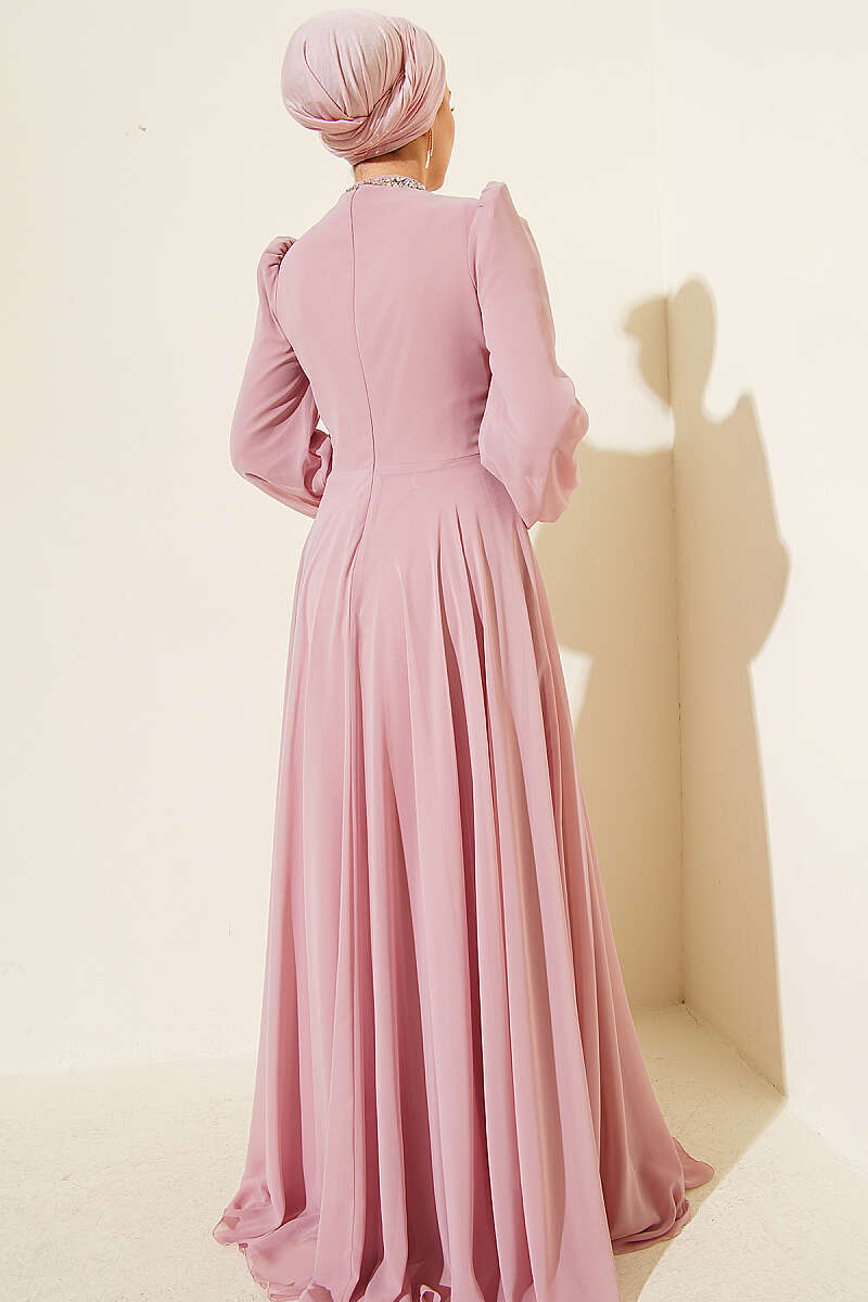 Chiffon Evening Dress with Jewelled Collar and Waist - Powder