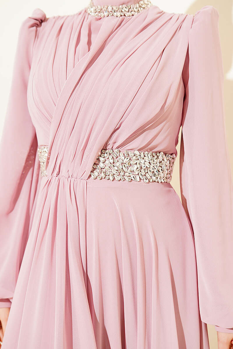 Chiffon Evening Dress with Jewelled Collar and Waist - Powder