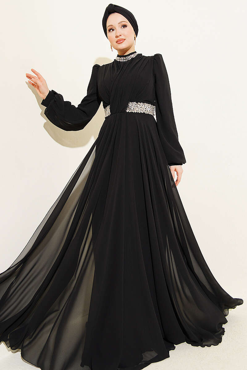 Chiffon Evening Dress with Jewelled Collar and Waist - Black