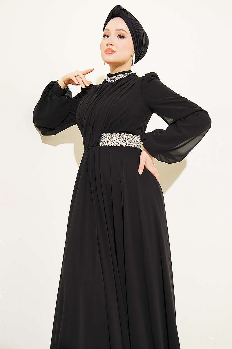Chiffon Evening Dress with Jewelled Collar and Waist - Black
