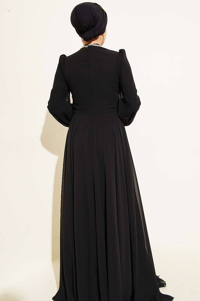 Chiffon Evening Dress with Jewelled Collar and Waist - Black