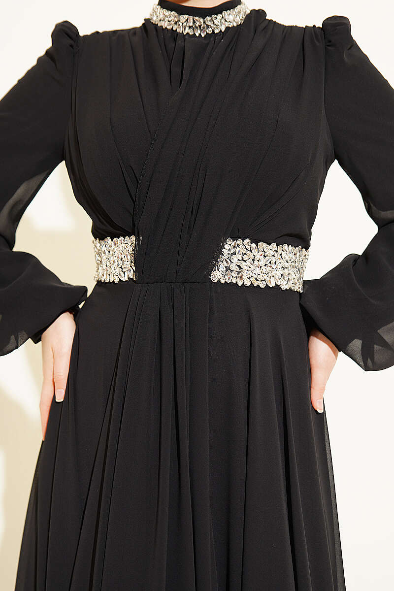 Chiffon Evening Dress with Jewelled Collar and Waist - Black