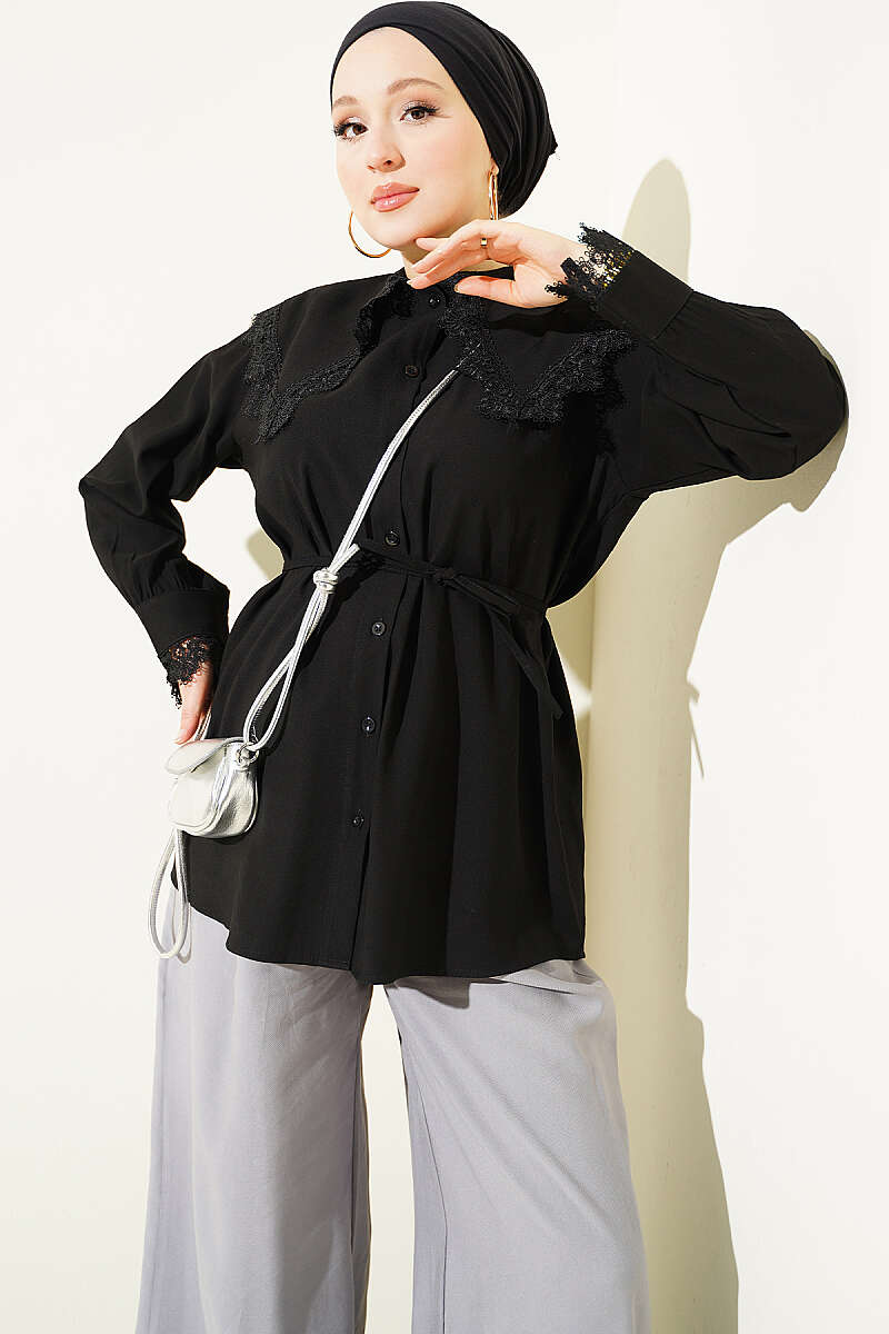 Shirt with Guipure Collar and Cuffs - Black