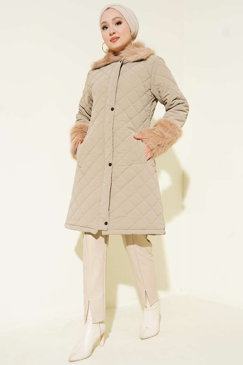 Quilted Coat with Faux Fur Collar and Cuffs - Beige