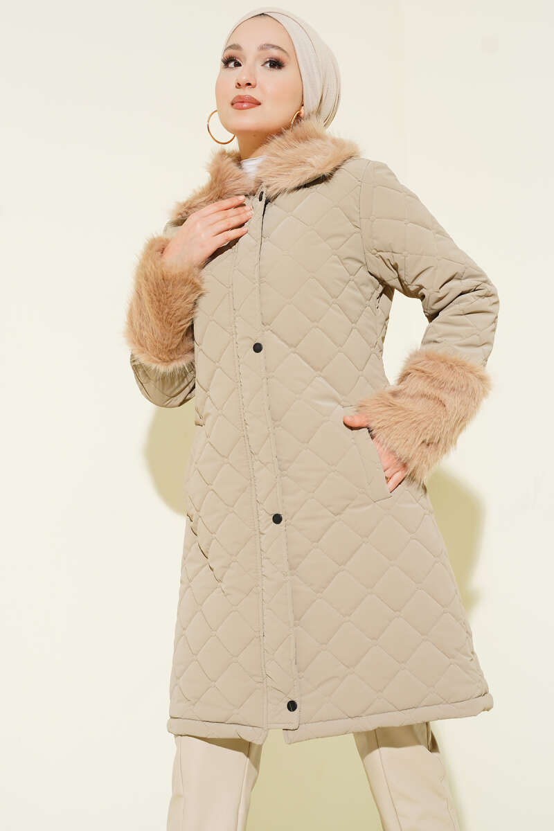 Quilted Coat with Faux Fur Collar and Cuffs - Beige