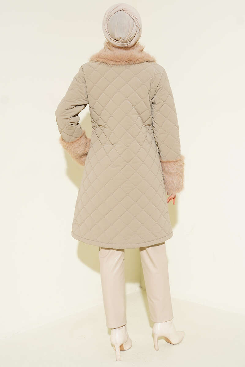 Quilted Coat with Faux Fur Collar and Cuffs - Beige