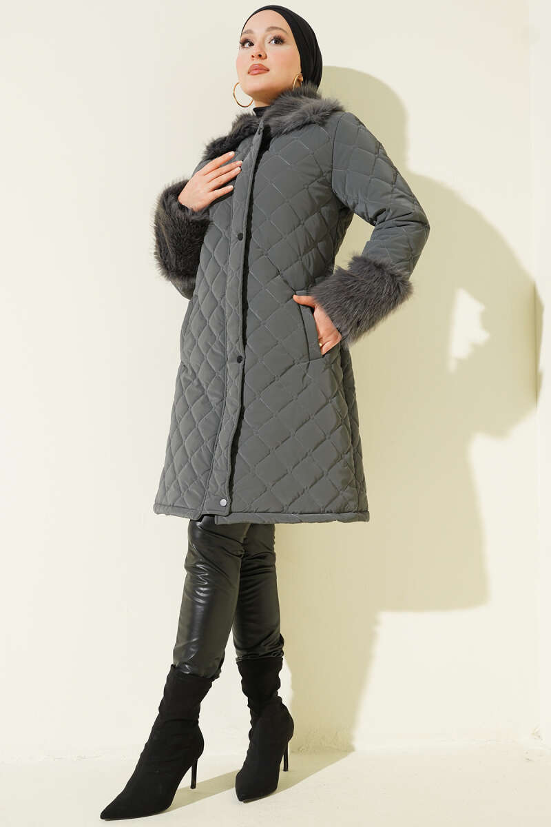 Quilted Coat with Faux Fur Collar and Cuffs - Smoke Grey
