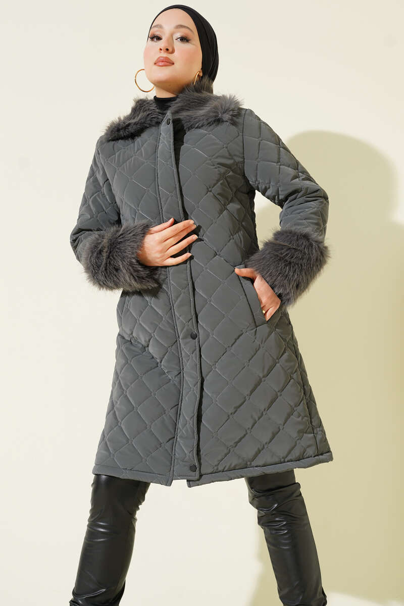 Quilted Coat with Faux Fur Collar and Cuffs - Smoke Grey