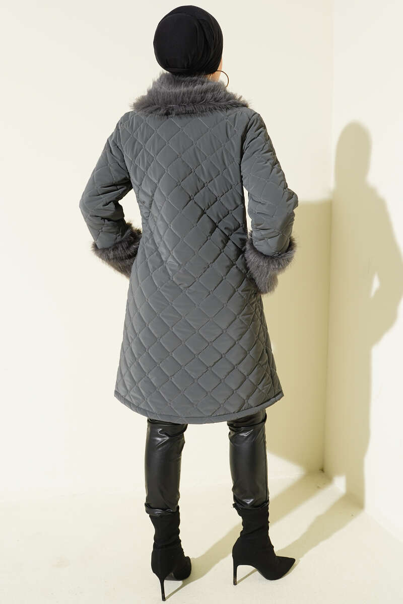Quilted Coat with Faux Fur Collar and Cuffs - Smoke Grey