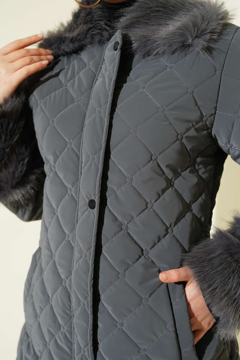 Quilted Coat with Faux Fur Collar and Cuffs - Smoke Grey