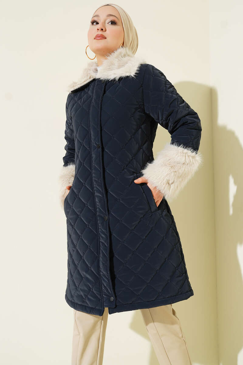 Quilted Coat with Faux Fur Collar and Cuffs - Navy