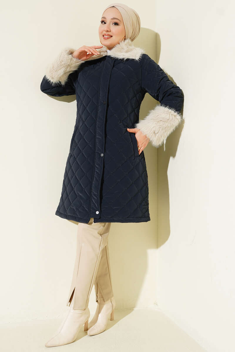 Quilted Coat with Faux Fur Collar and Cuffs - Navy