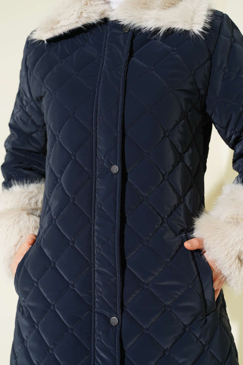 Quilted Coat with Faux Fur Collar and Cuffs - Navy
