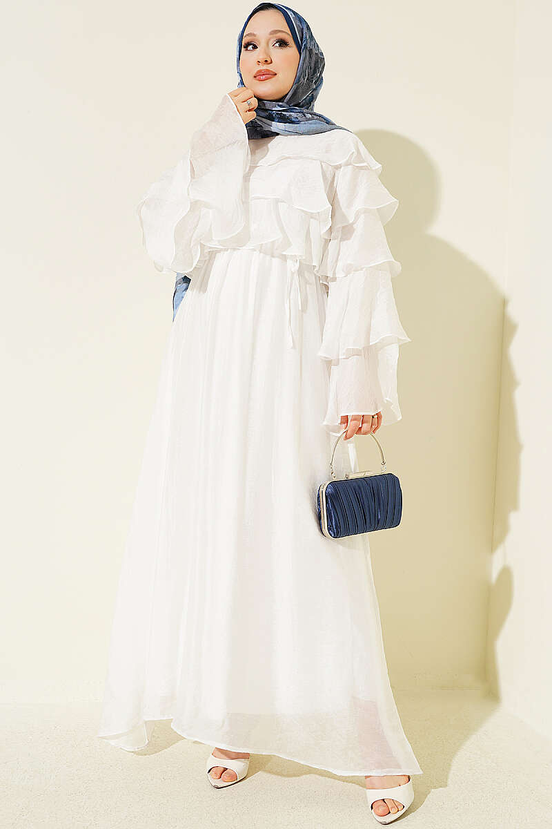 Flared Dress with Layered Collar and Sleeves - White