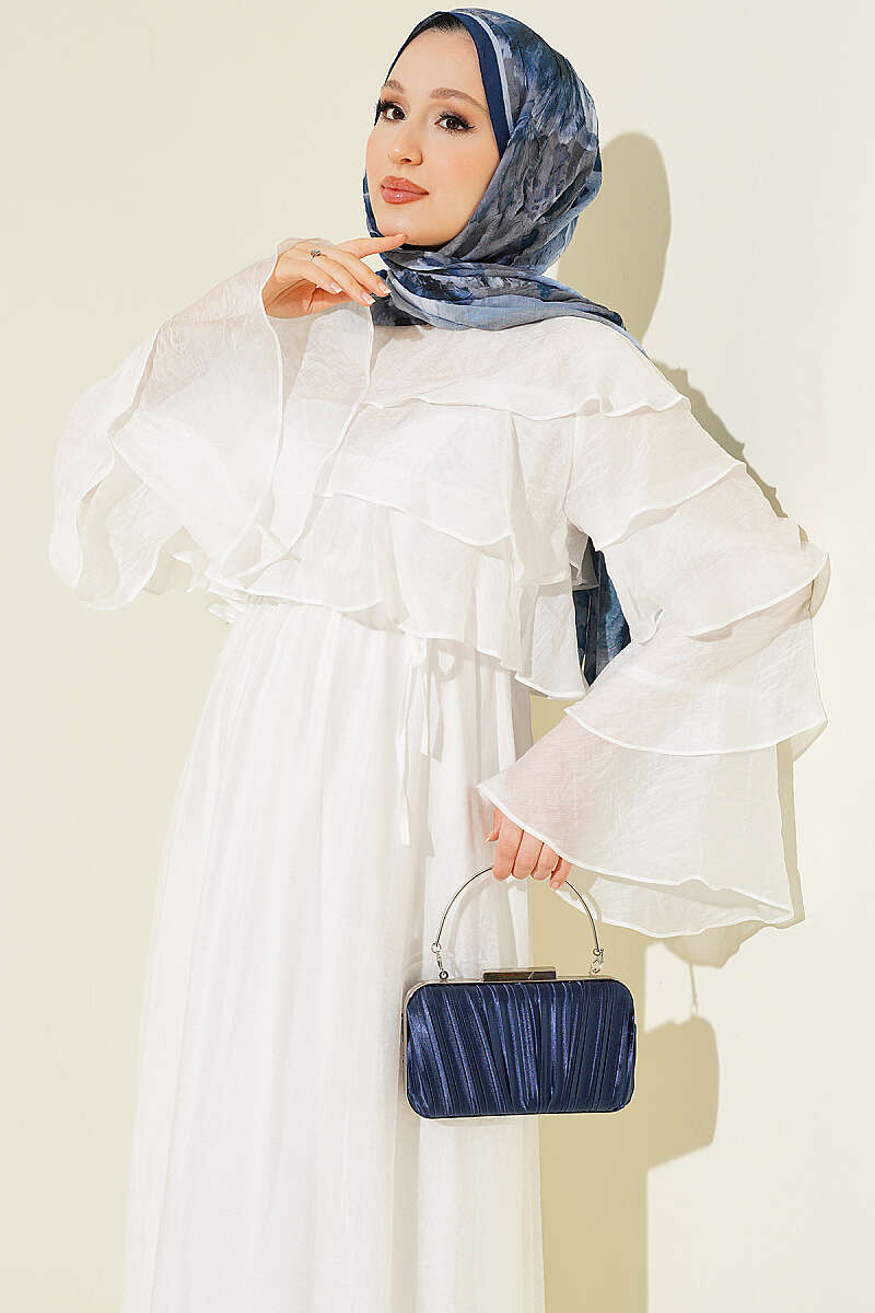 Flared Dress with Layered Collar and Sleeves - White