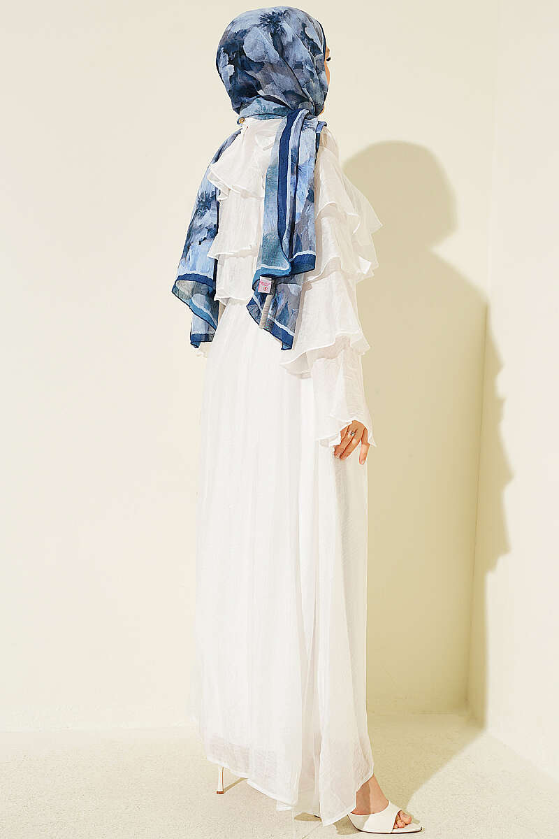 Flared Dress with Layered Collar and Sleeves - White