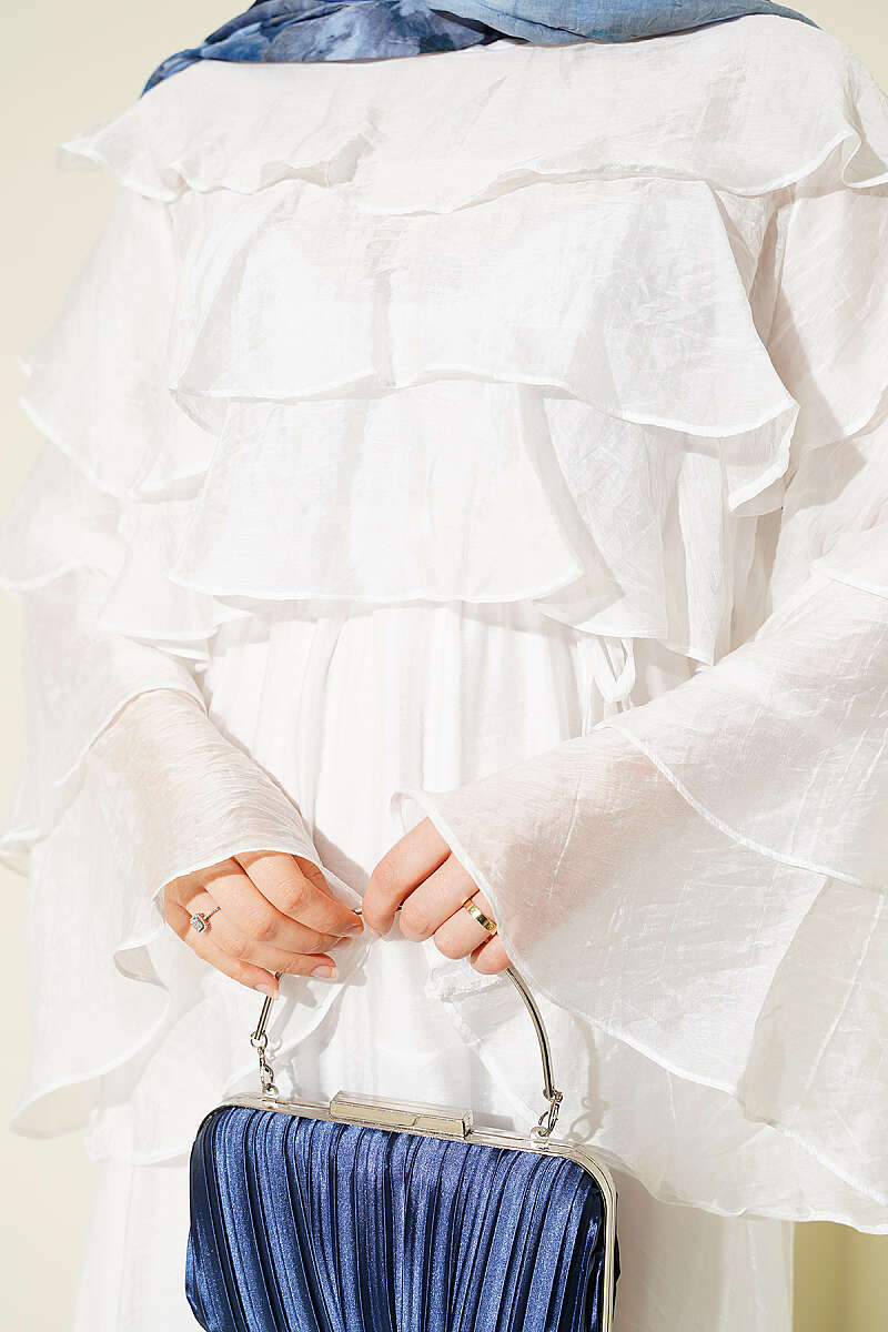 Flared Dress with Layered Collar and Sleeves - White
