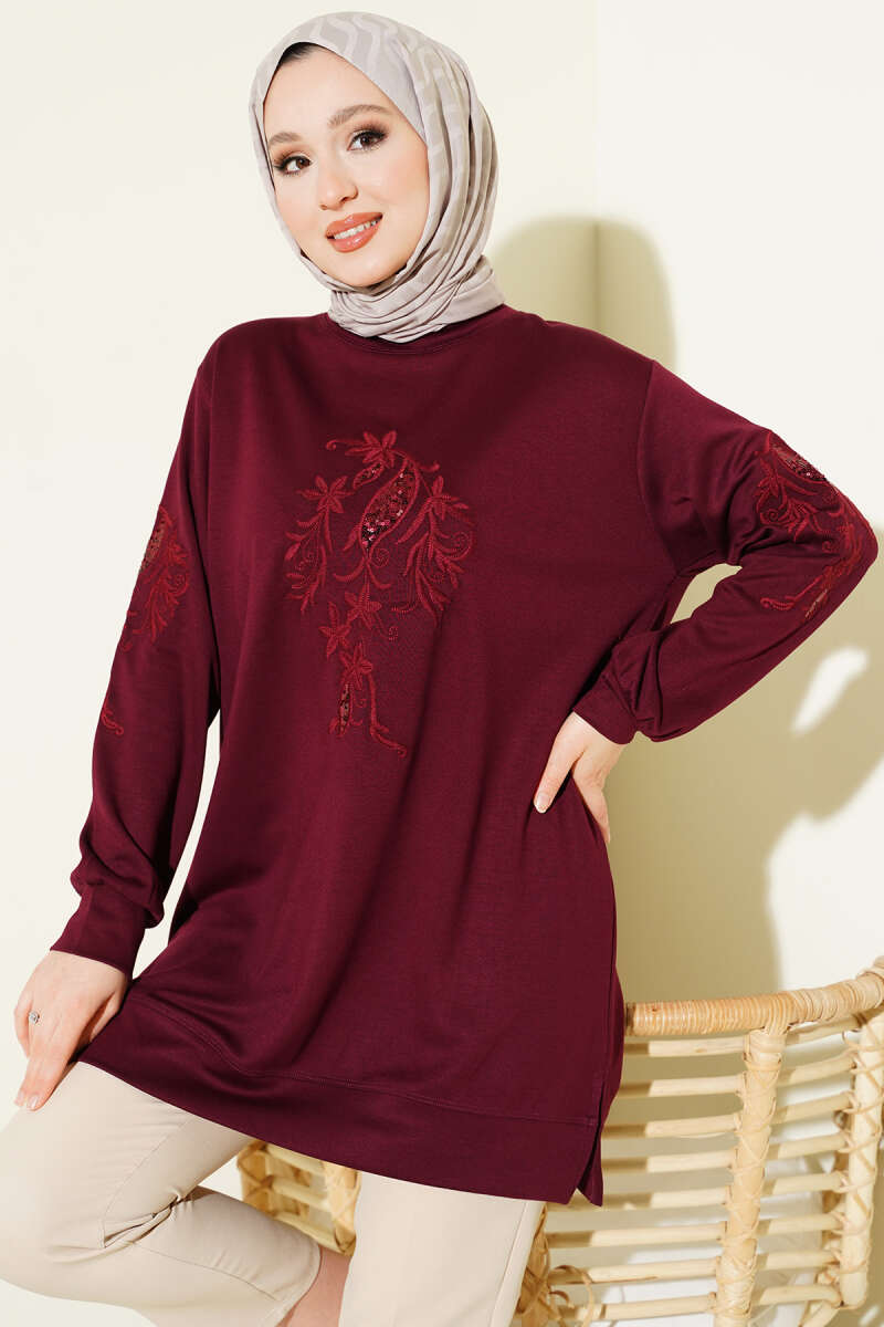 Sequin Loycha Tunic with Embroidered Collar and Sleeves - Burgundy