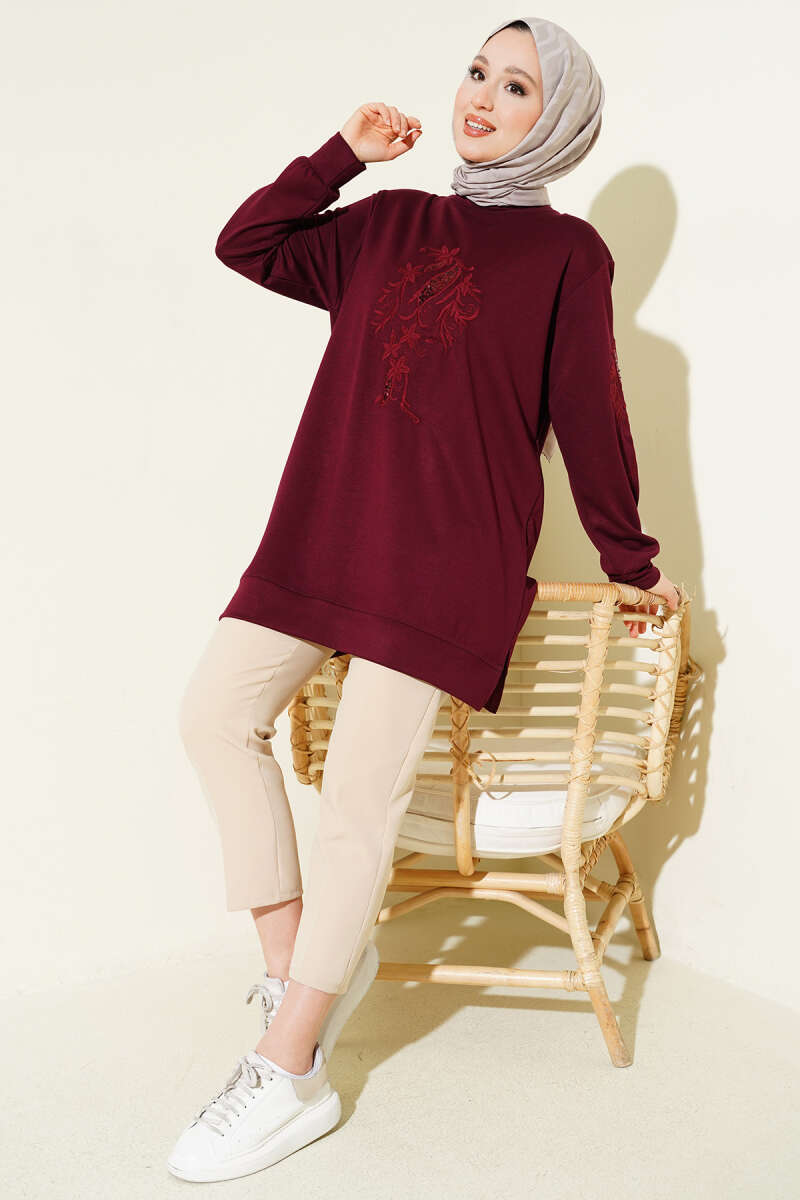Sequin Loycha Tunic with Embroidered Collar and Sleeves - Burgundy