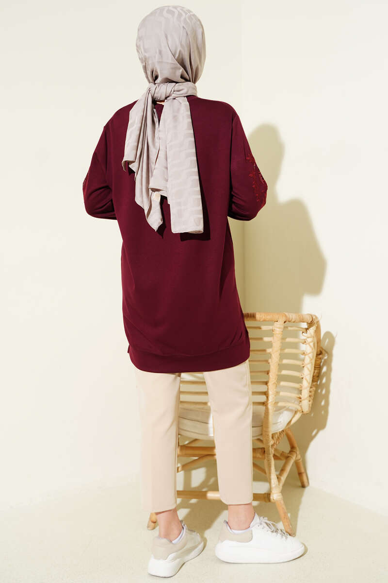 Sequin Loycha Tunic with Embroidered Collar and Sleeves - Burgundy