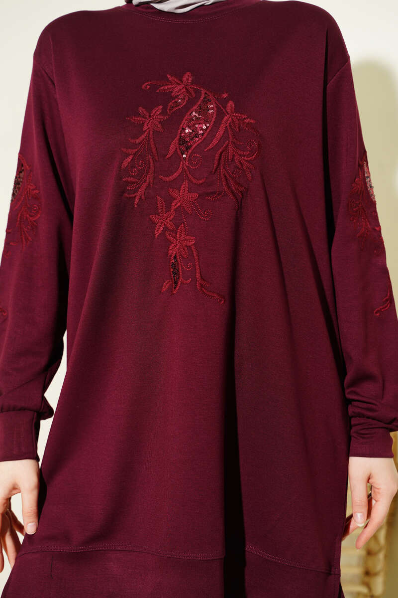 Sequin Loycha Tunic with Embroidered Collar and Sleeves - Burgundy