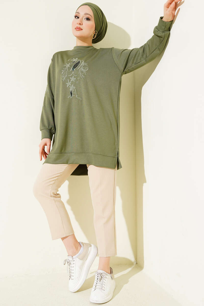 Sequin Loycha Tunic with Embroidered Collar and Sleeves - Almond Green