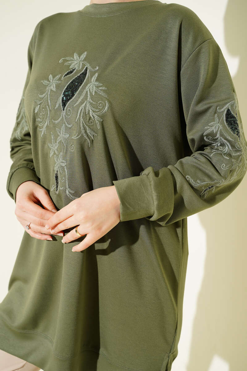 Sequin Loycha Tunic with Embroidered Collar and Sleeves - Almond Green