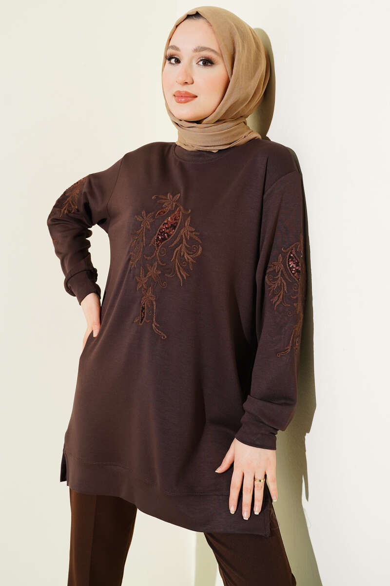 Sequin Loycha Tunic with Embroidered Collar and Sleeves - Brown