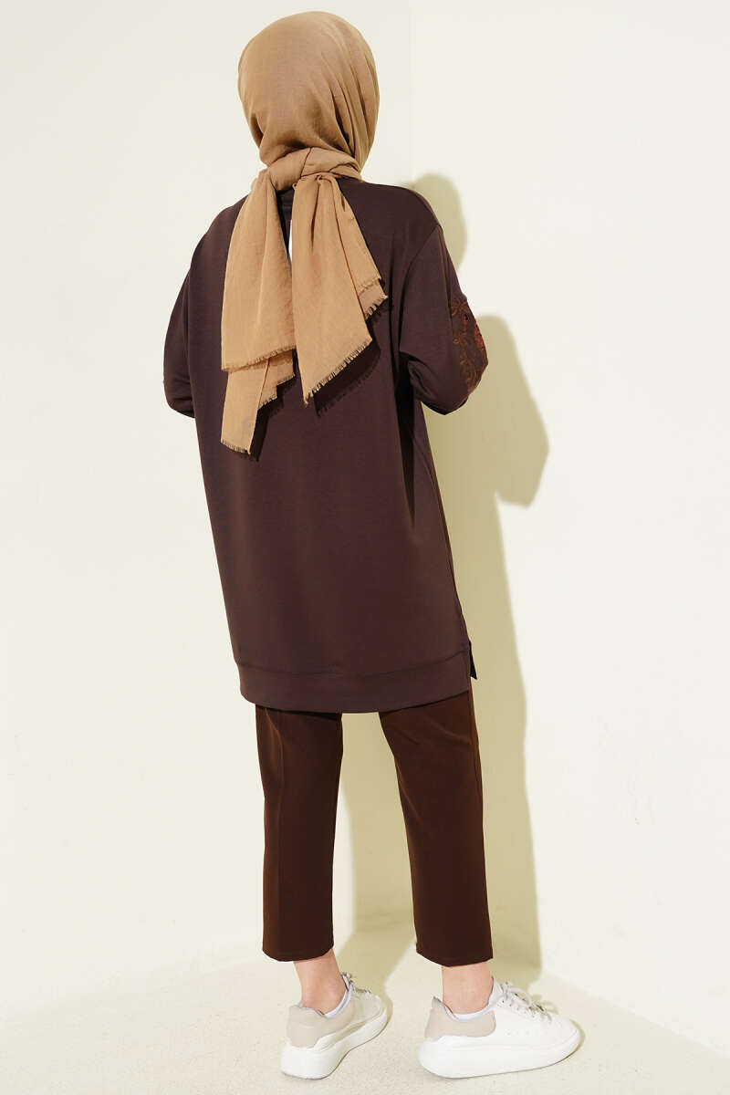 Sequin Loycha Tunic with Embroidered Collar and Sleeves - Brown