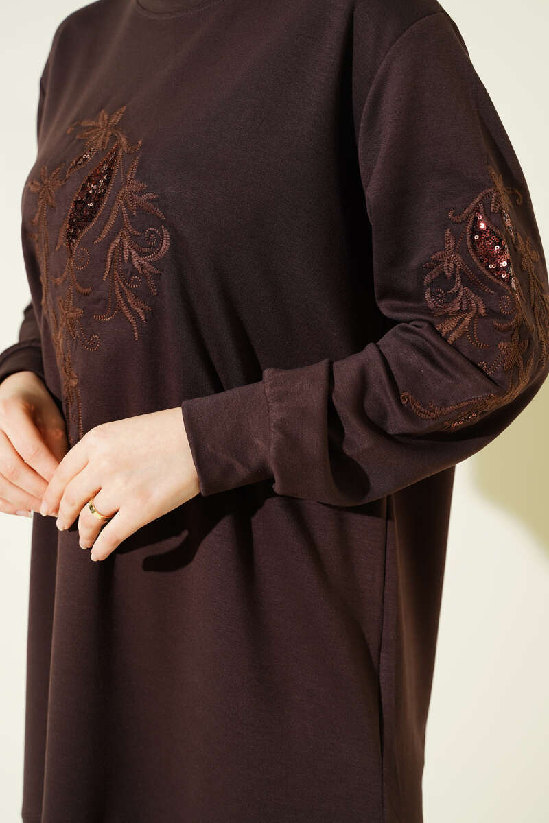 Sequin Loycha Tunic with Embroidered Collar and Sleeves - Brown