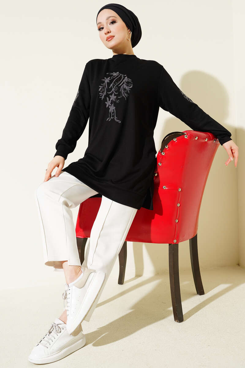 Sequin Loycha Tunic with Embroidered Collar and Sleeves - Black