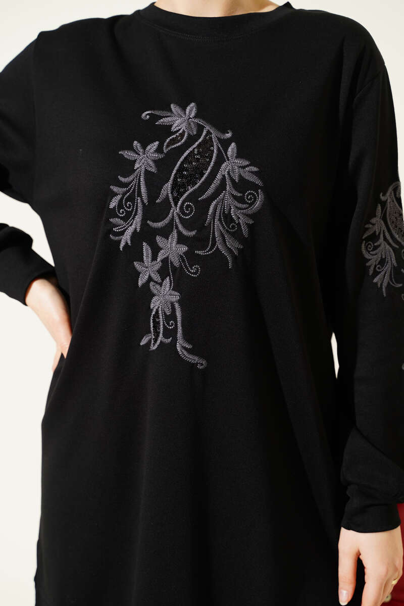 Sequin Loycha Tunic with Embroidered Collar and Sleeves - Black