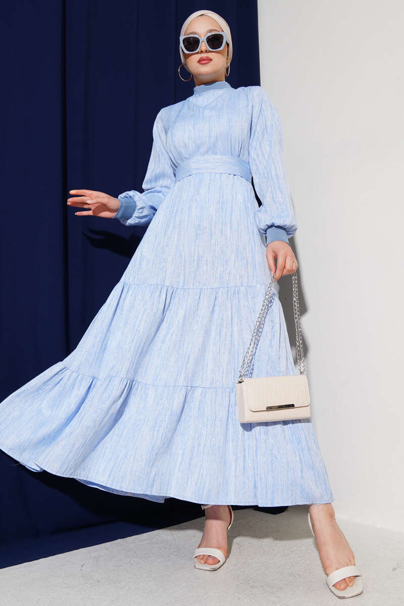 Dress with Ribbed Collar and Cuffs - Blue