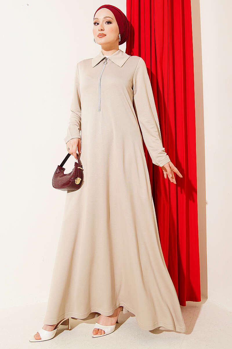 Half-Zip Collar Loycha Dress - Beige
