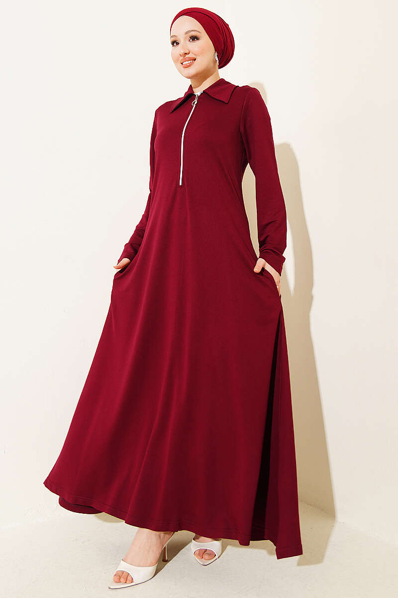 Half-Zip Collar Loycha Dress - Burgundy