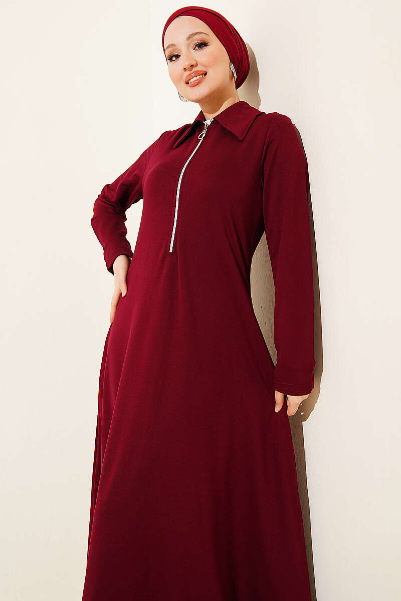 Half-Zip Collar Loycha Dress - Burgundy
