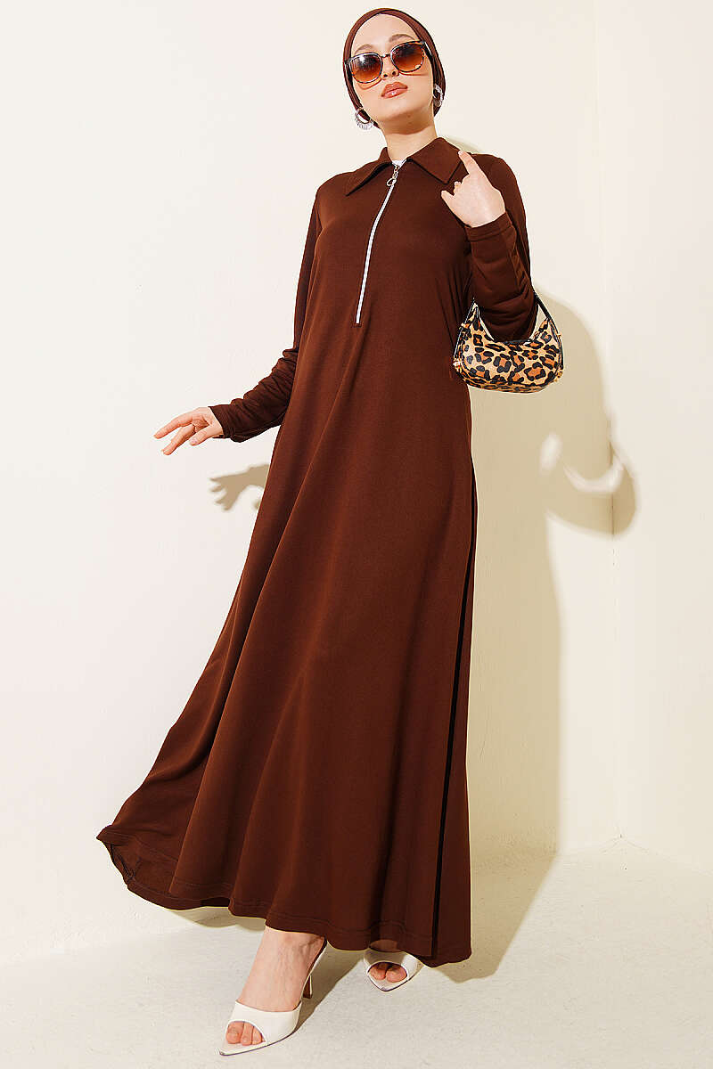 Half-Zip Collar Loycha Dress - Brown