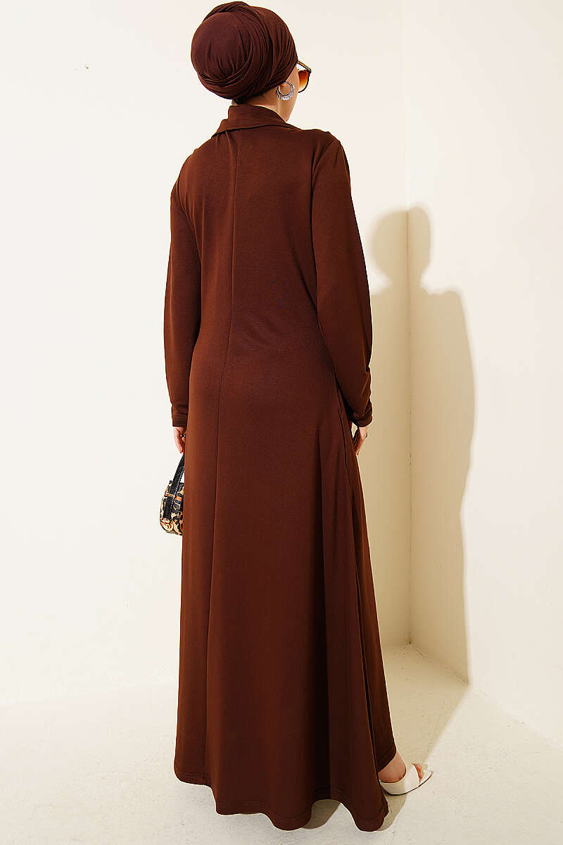 Half-Zip Collar Loycha Dress - Brown