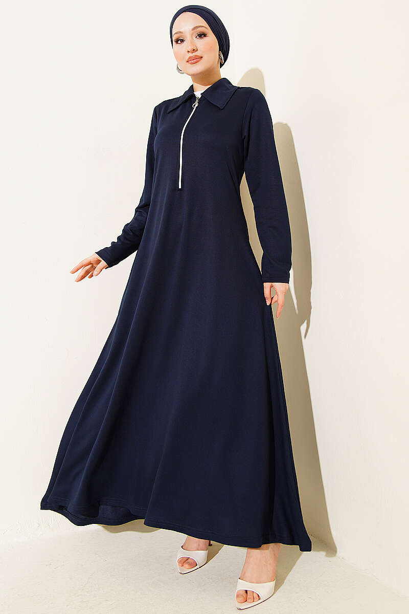 Half-Zip Collar Loycha Dress - Navy