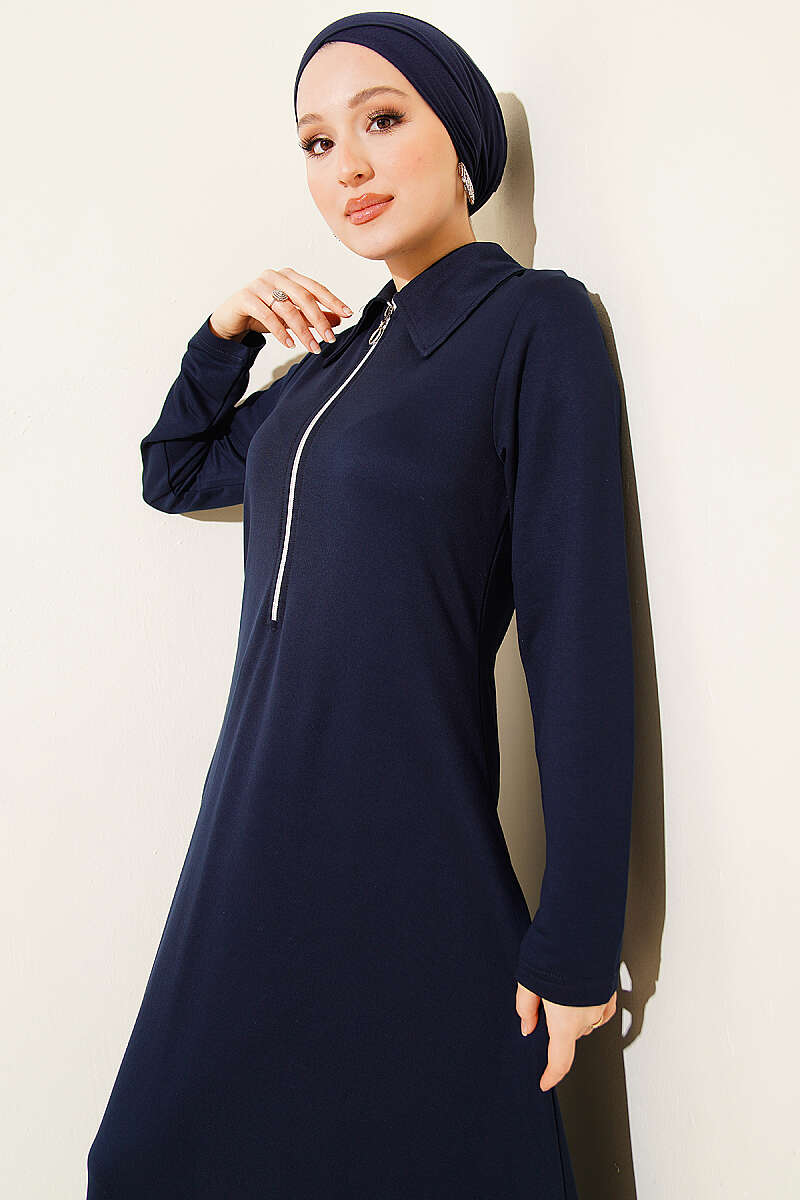 Half-Zip Collar Loycha Dress - Navy