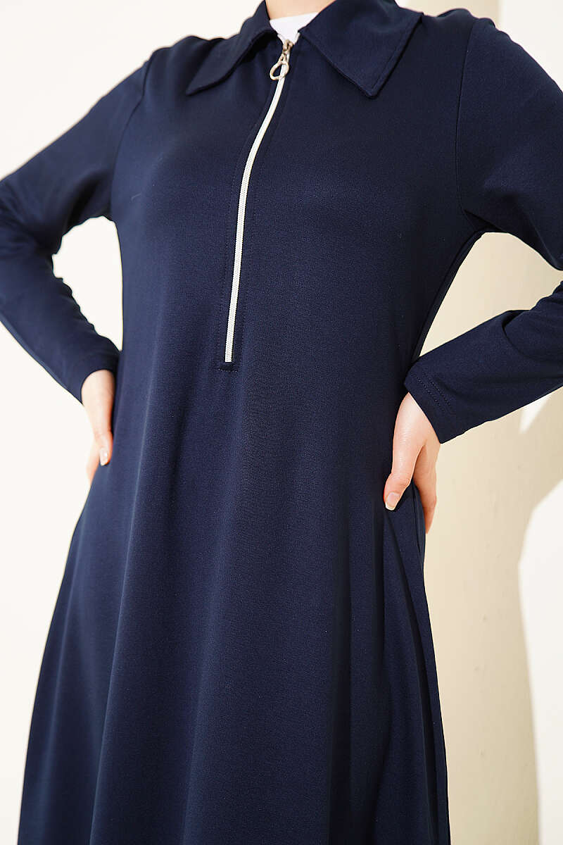 Half-Zip Collar Loycha Dress - Navy