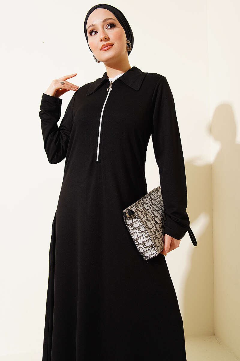 Half-Zip Collar Loycha Dress - Black