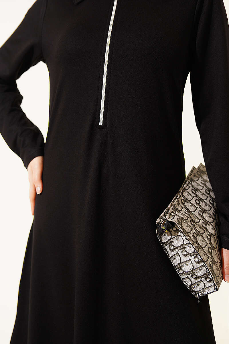 Half-Zip Collar Loycha Dress - Black
