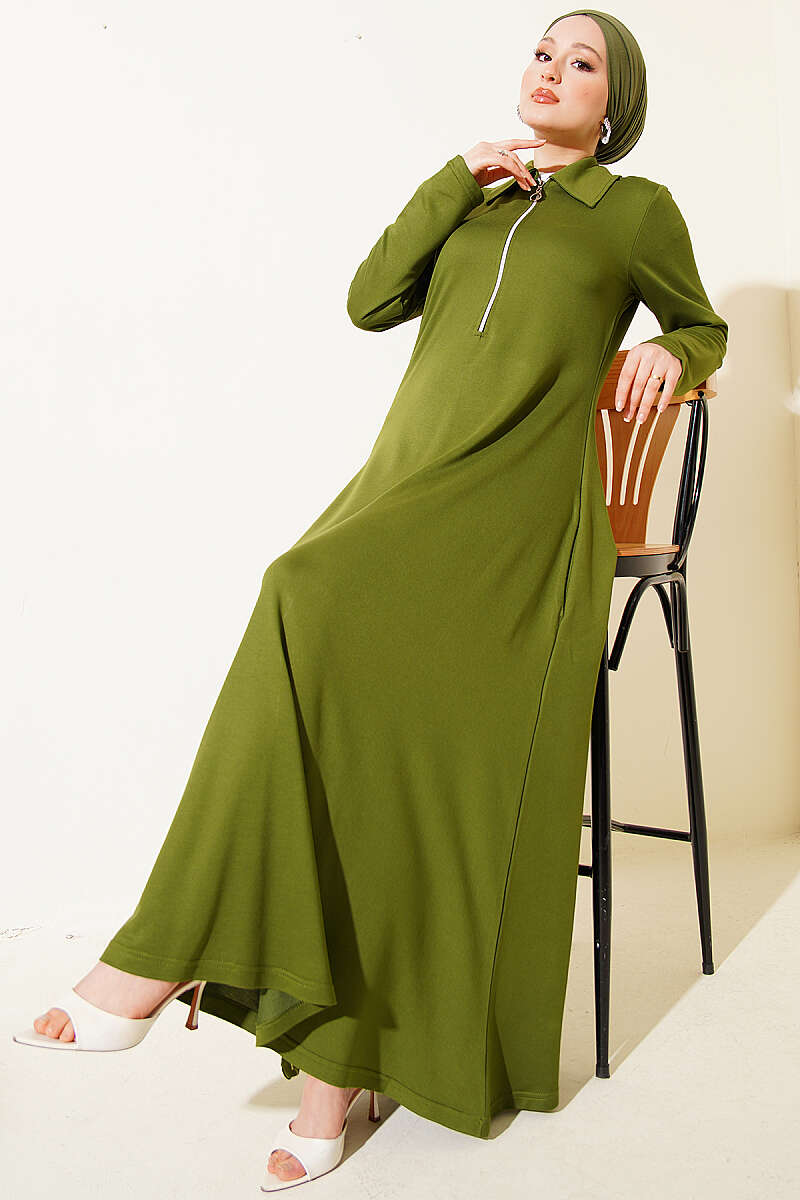Half-Zip Collar Loycha Dress - Green