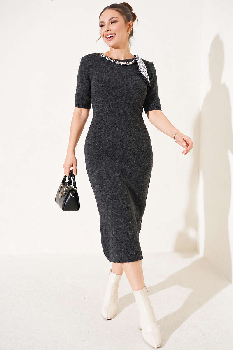 Knit Midi Dress with Chain Collar - Charcoal