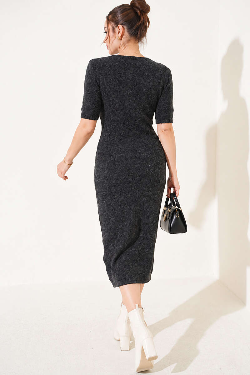 Knit Midi Dress with Chain Collar - Charcoal