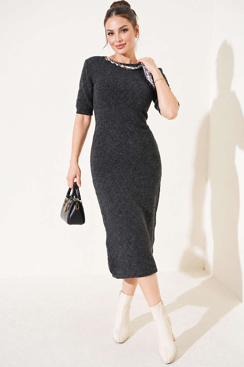 Knit Midi Dress with Chain Collar - Charcoal