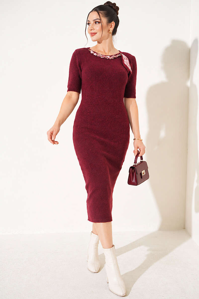 Knit Midi Dress with Chain Collar - Burgundy