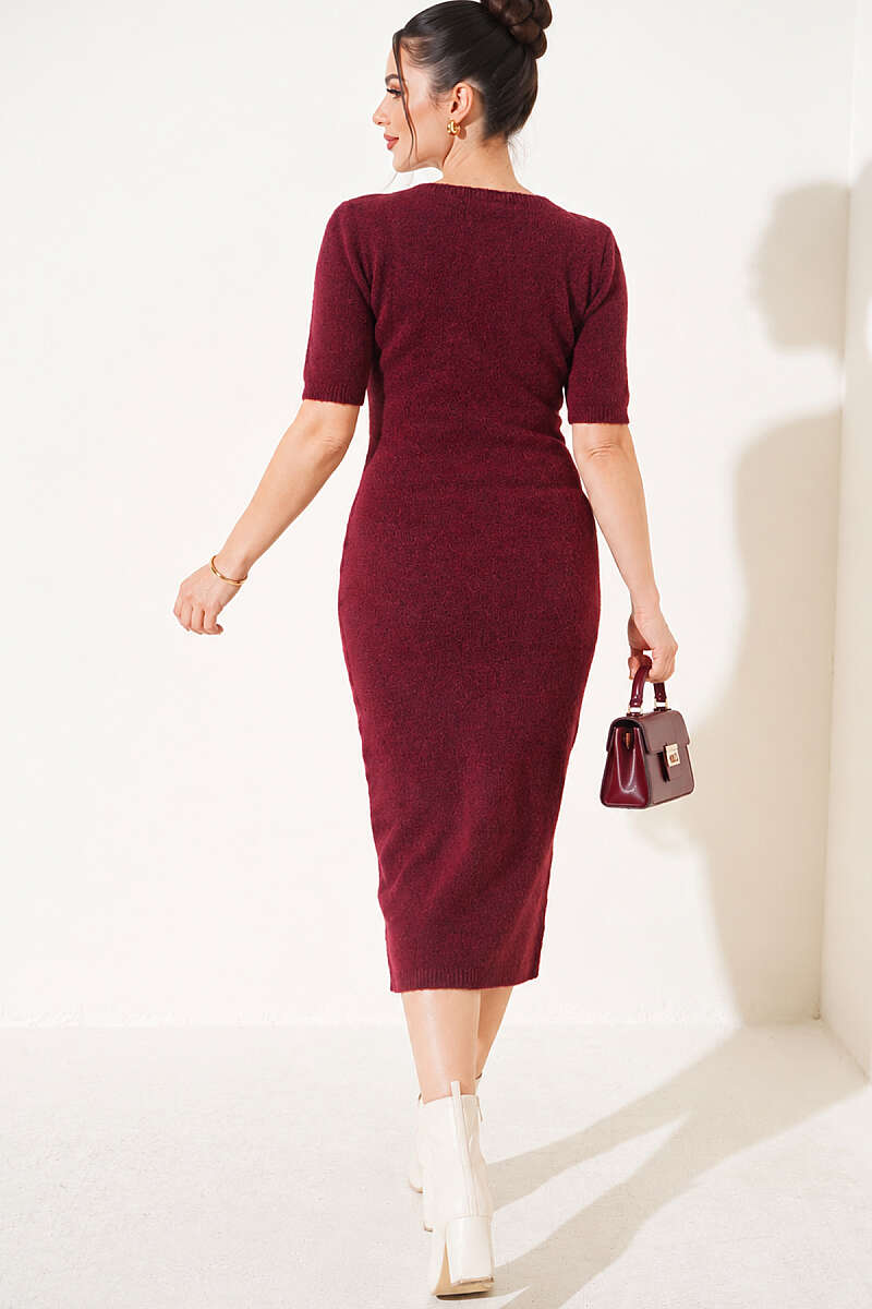 Knit Midi Dress with Chain Collar - Burgundy