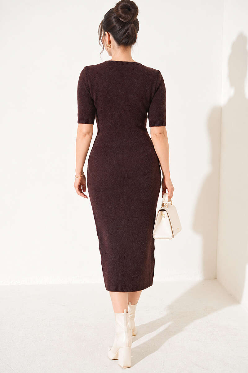 Knit Midi Dress with Chain Collar - Brown